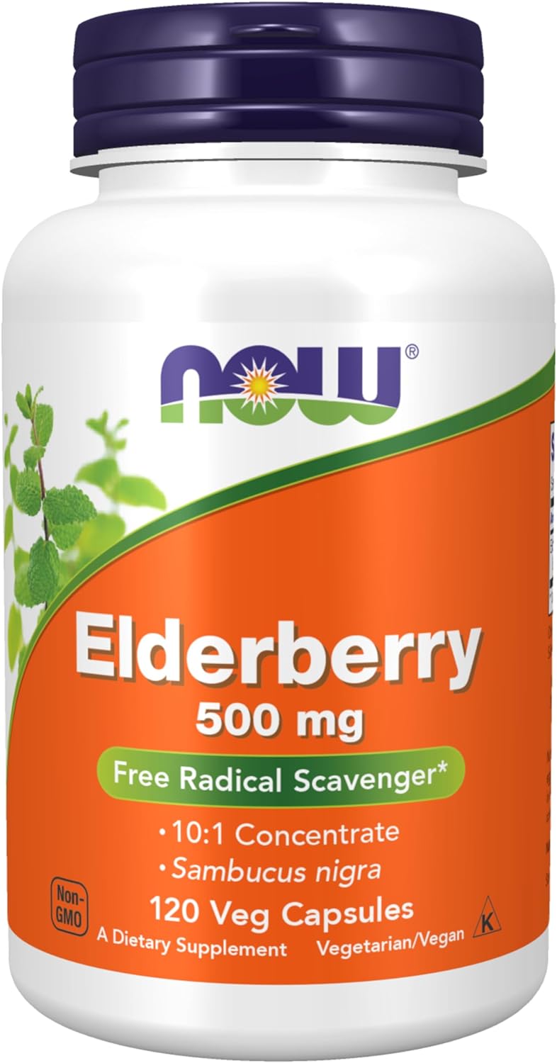 NOW Supplements, Elderberry (Sambucus nigra)500 mg, 10:1 Concentrate, 120 Veg Capsules