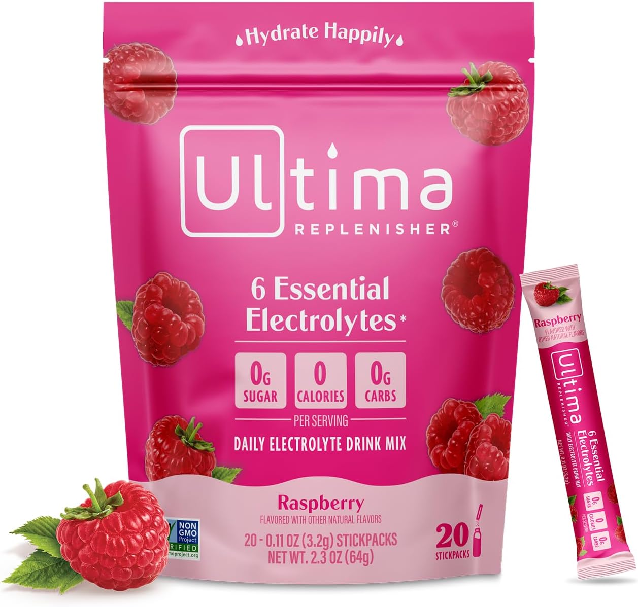 Ultima Replenisher Daily Electrolyte Drink Mix – Raspberry, 20 Stickpacks – Hydration Packets With 6 Key Electrolytes & Trace Minerals – Keto Friendly, Vegan, Non-Gmo & Sugar-Free Electrolyte Powder