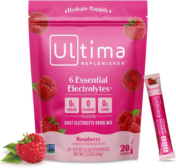 Ultima Replenisher Daily Electrolyte Drink Mix – Raspberry, 20 Stickpacks – Hydration Packets With 6 Key Electrolytes & Trace Minerals – Keto Friendly, Vegan, Non-Gmo & Sugar-Free Electrolyte Powder