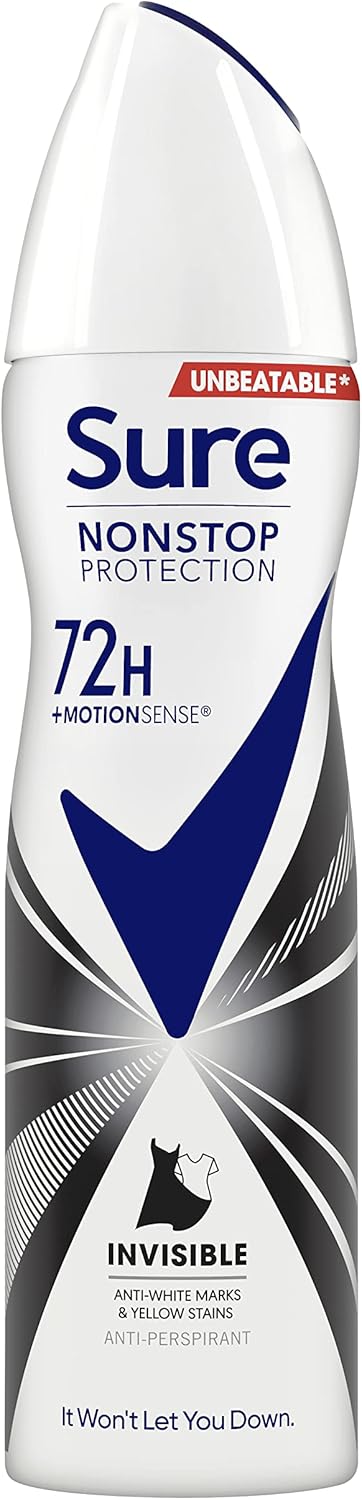 Sure Invisible Black And White Nonstop Protection Deodorant Spray, Protects Against White Marks And Yellow Stains, Anti-Perspirant Deodorant, Aerosol, 72H Protection Against Sweat And Odour, 150 Ml