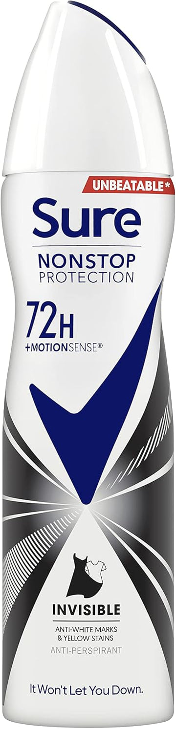 Sure Invisible Black And White Nonstop Protection Deodorant Spray, Protects Against White Marks And Yellow Stains, Anti-Perspirant Deodorant, Aerosol, 72H Protection Against Sweat And Odour, 150 Ml