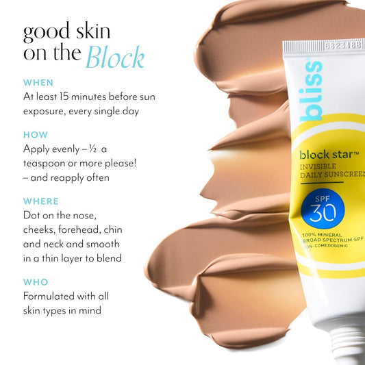 Bliss Block Star Spf 30 Invisible Daily Tinted Sunscreen With Zinc Oxide, Sunscreen & Makeup Primer + Block Star Sheer Tinted Face Sunscreen Spf 50