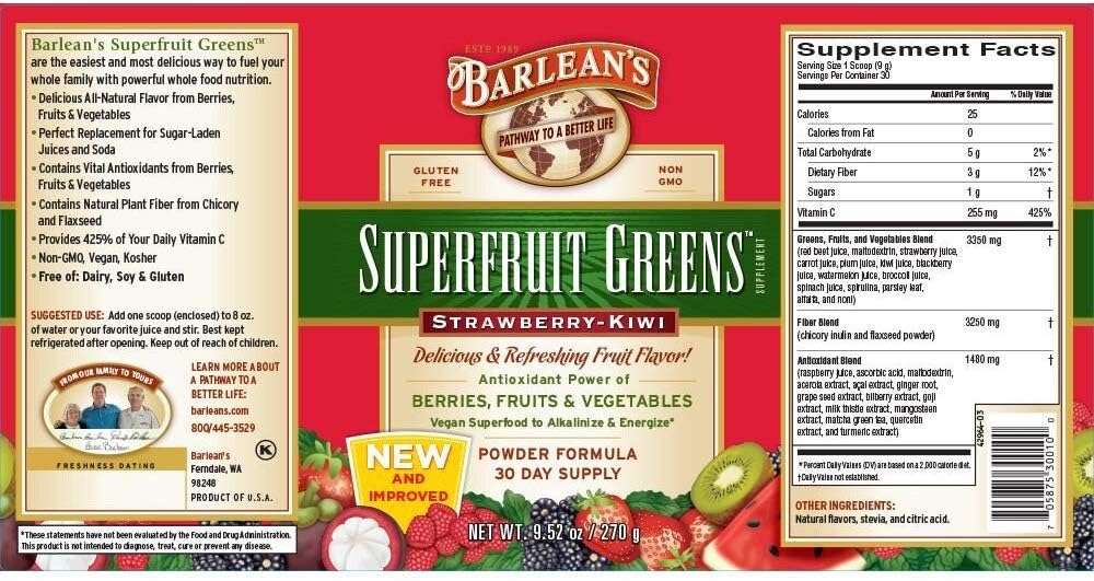 Superfruit Greens - Strawberry Kiwi Barlean's 9.5 Powder