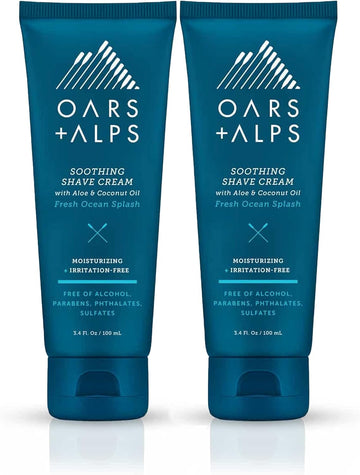 Oars + Alps Soothing Men's Shaving Cream, Dermatologist Tested and Infused with Aloe and Coconut Oil, Fresh Ocean Splash Scent, TSA Friendly, 3.4 Oz, 2 Pack