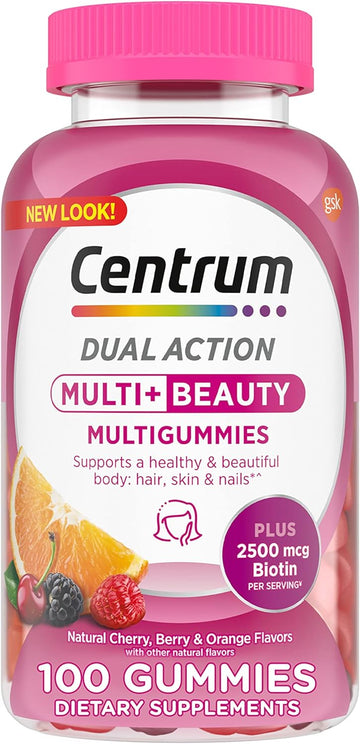 Centrum Multigummies Multi+ Beauty Dual Action Multivitamin, Specially Designed With Biotin For Healthy Hair, Skin And Nails, Cherry/Berry/Orange Avors - 100 Count