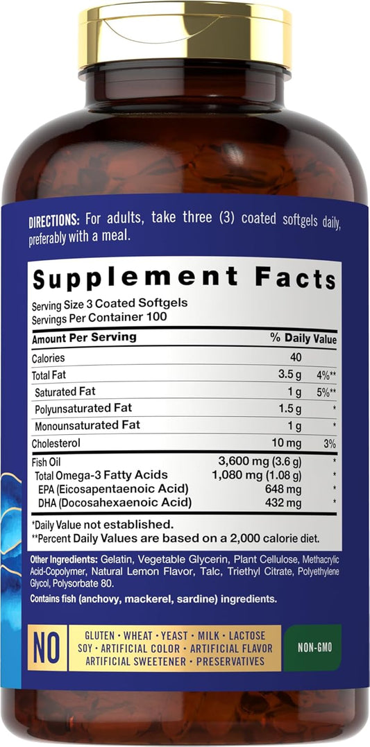 Carlyle Burpless Fish Oil 3600 Mg | 300 Softgels | With Omega-3 Fatty Acids | Lemon Flavor | Non-Gmo, Gluten Free Supplement | By Wild Pacific