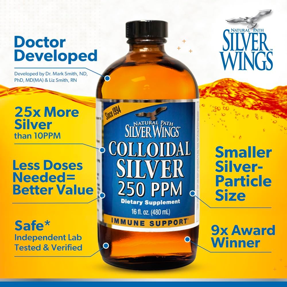 Natural Path Silver Wings Colloidal Silver Liquid - Natural Dietary Supplement for Immune Support - High Strength, Pure Amber Colored Formula - 250ppm (1250mcg) - 16oz : Health & Household
