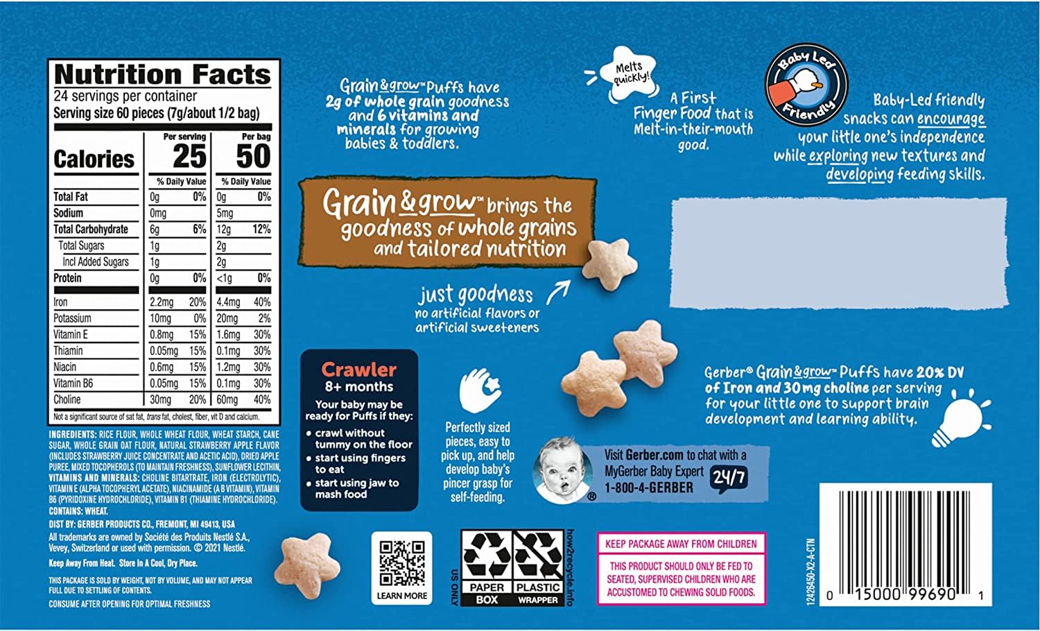 Gerber Puffs To Go Cereal Snack Packs, Strawberry Apple, 0.5 Oz, 12 Ct