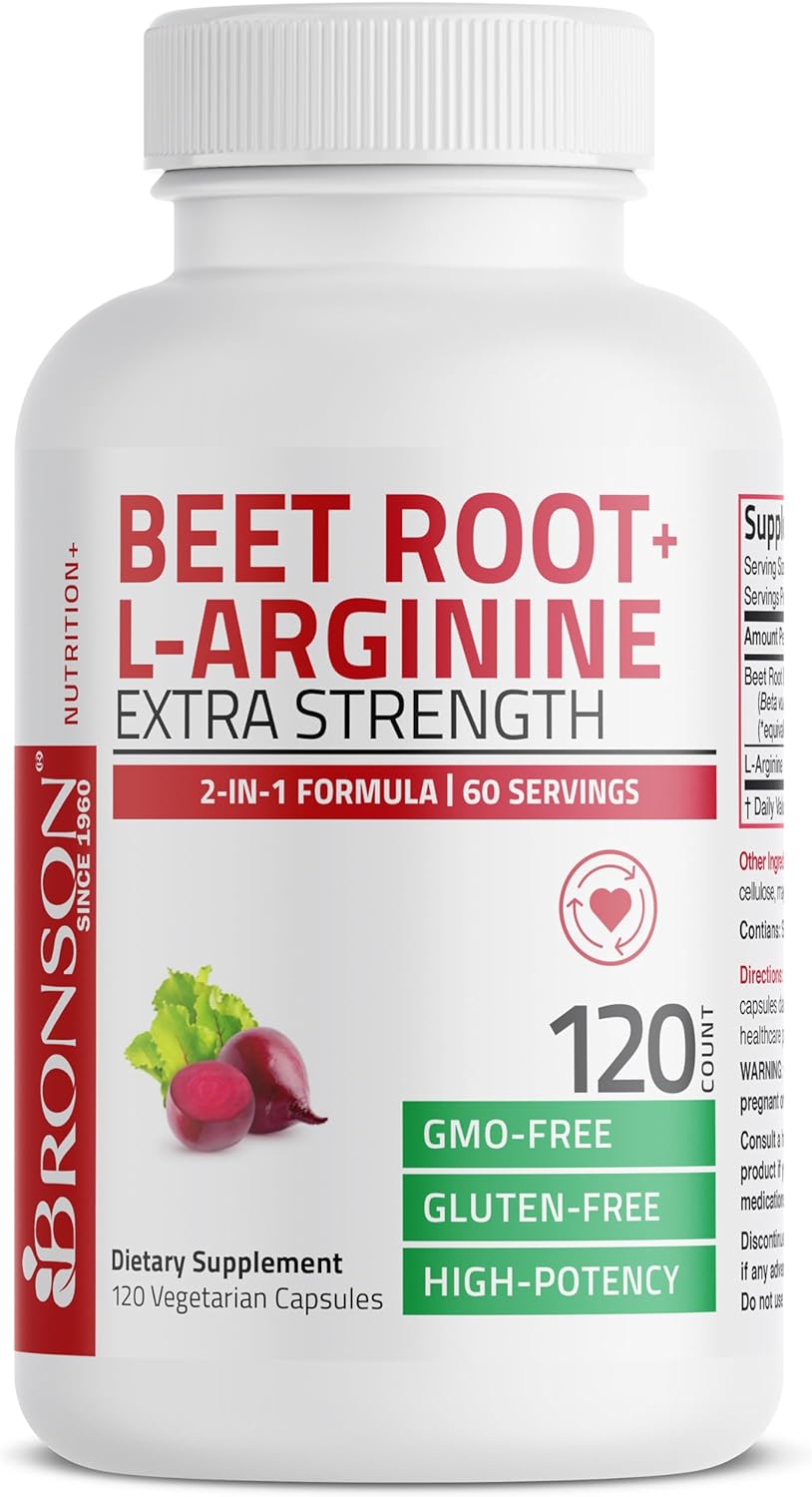 Bronson Beet Root + L-Arginine 2000 MG Nitric Oxide Production- Non-GMO, 120 Vegetarian Capsules : Health & Household