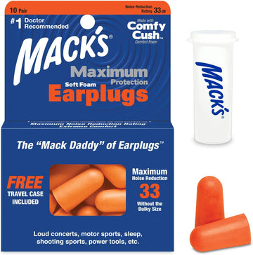 Mack?s Maximum Protection Soft Foam Earplugs ? 10 Pair, 33 dB Highest NRR ? Comfortable Ear Plugs for Sleeping, Snoring, Loud Concerts, Motorcycles and Power Tools | Made in USA