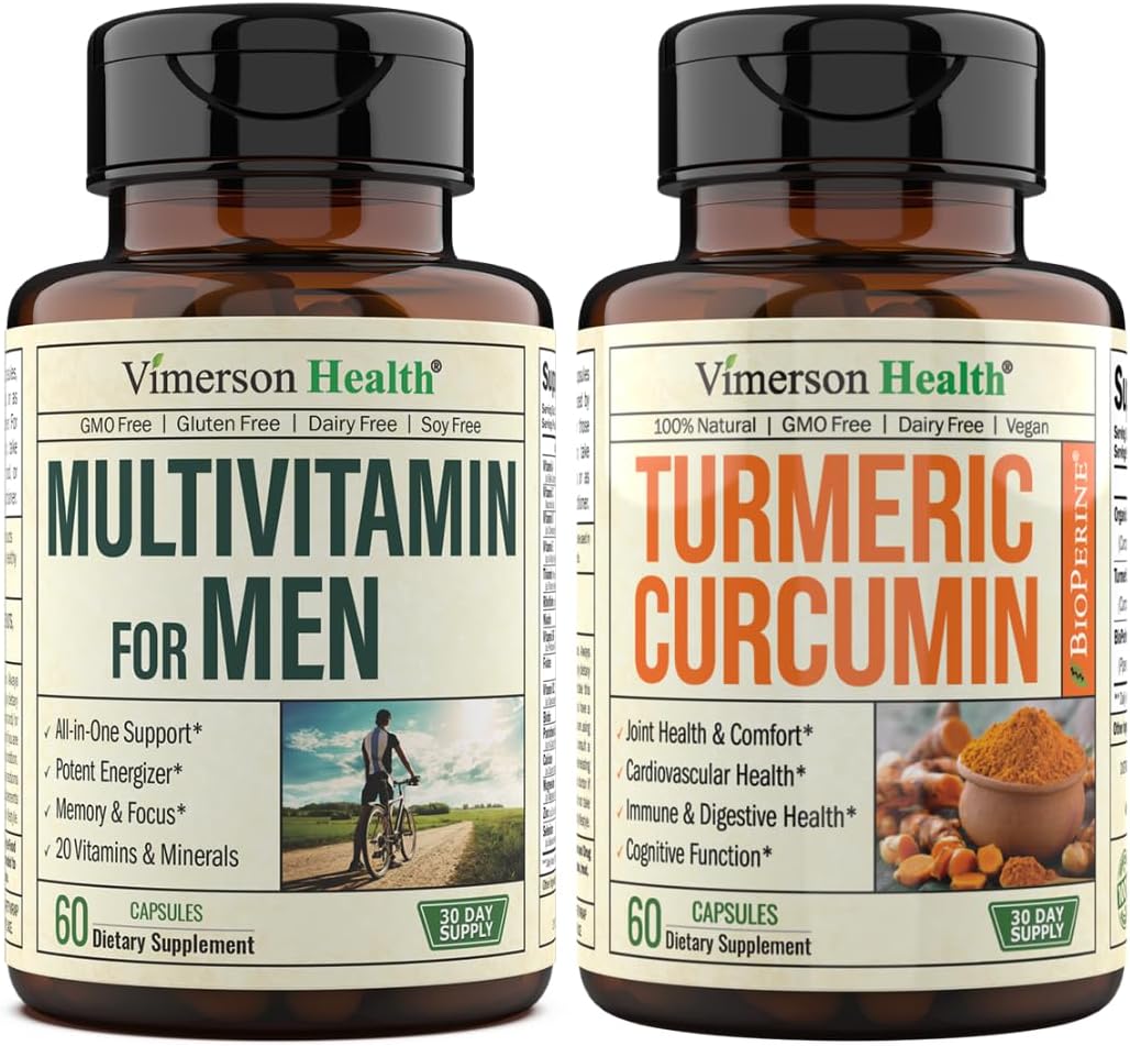 Vimerson Health Men's Multivitamin + Turmeric Curcumin with Black Pepper Extract Bundle. Joint and Immune Support, Discomfort Relief, Balanced Inflammation, Antioxidant Properties for Him