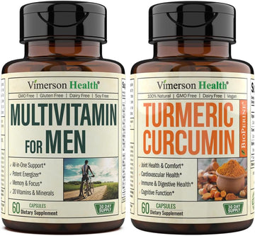 Vimerson Health Men's Multivitamin + Turmeric Curcumin with Black Pepper Extract Bundle. Joint and Immune Support, Discomfort Relief, Balanced Inflammation, Antioxidant Properties for Him