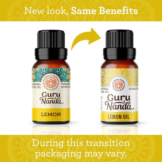 Gurunanda Lemon Essential Oil - 100% Pure, Natural, Undiluted Aromatherapy Oil For Diffusers, Massage & Diy Recipes - Fresh Citrus Scent (2X0.5 Fl Oz)