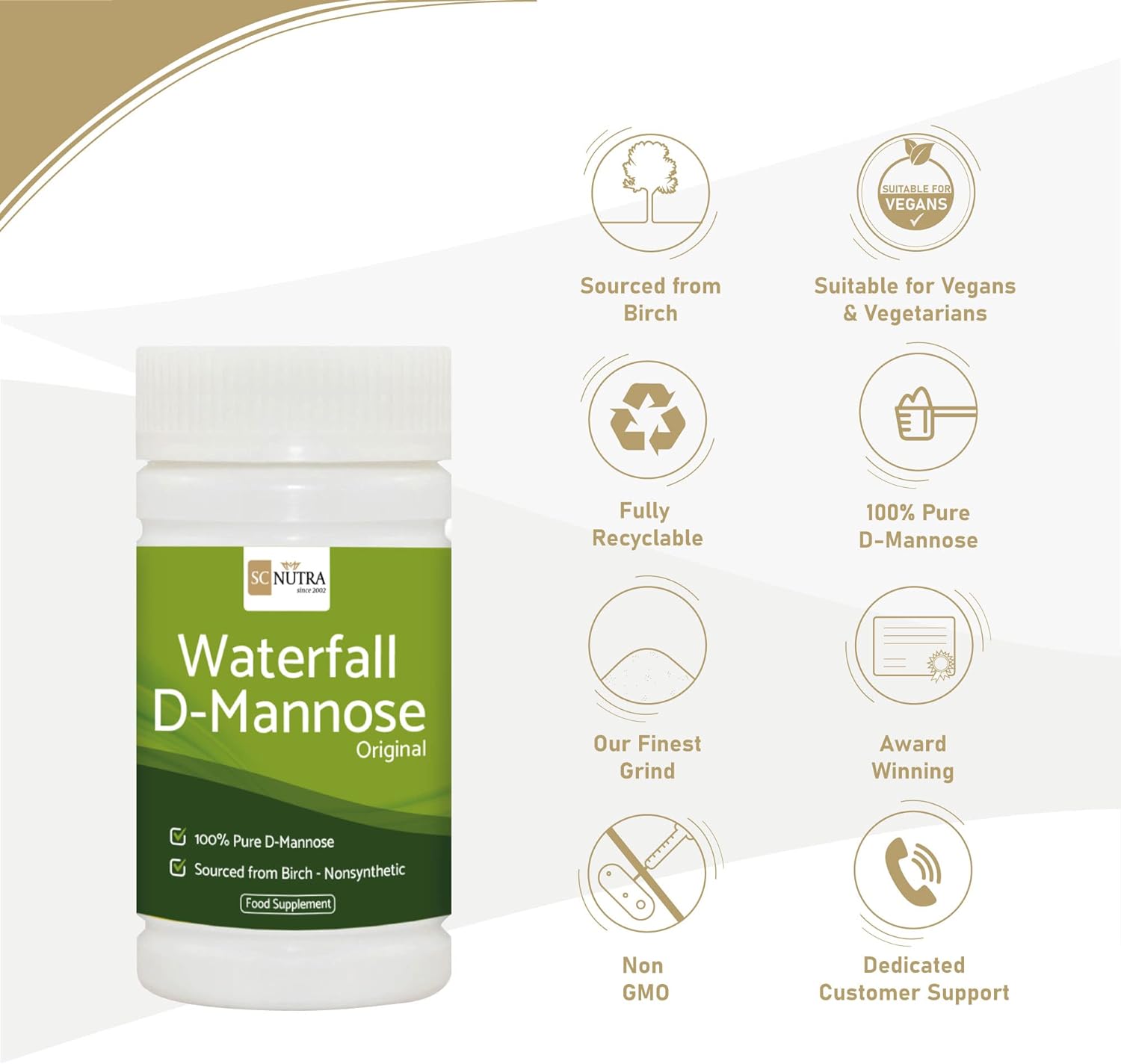 Waterfall D-Mannose Powder - 100% Pure D-Mannose Powder Naturally Sourced from Birch - Not a Blend - Free from Bulking Agent, Fillers & Cranberry - 50g / 1.76oz : Health & Household