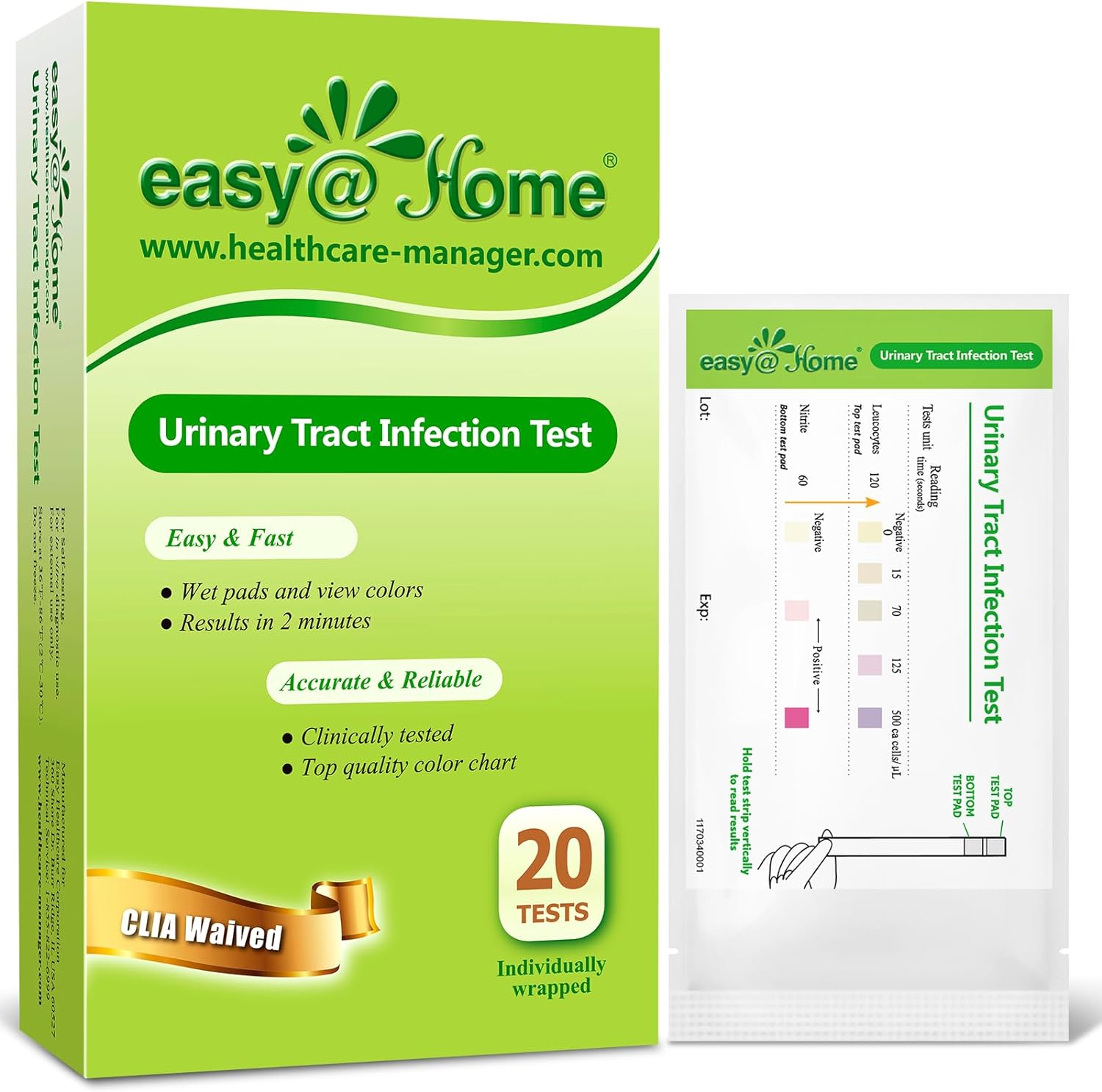Easy@Home 20 Individual Pouches Urinary Tract Infection FSA Eligible Test Strips (UTI Test Strips) Monitor Bladder or Urinary Tract Issues by Testing Urine, 20 Tests/Box-FDA Cleared (UTI-20P)