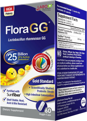 Labo Nutrition Floragg, Lactobacillus Rhamnosus Gg 25 Billion Cfu Active Probiotics & Sunfiber Prebiotic Fiber Supplement, Support Healthy Intestinal, Immune Health| Delayed Release & Gluten Free 60S