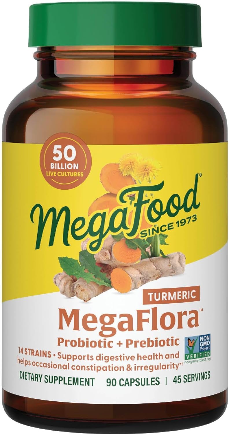 Megafood Megaflora Probiotic + Prebiotics + Turmeric Supplement - Probiotics For Women Digestive Health - 50 Billion Cfus - 14 Strains - Vegetarian - 60 Capsules (30 Servings)