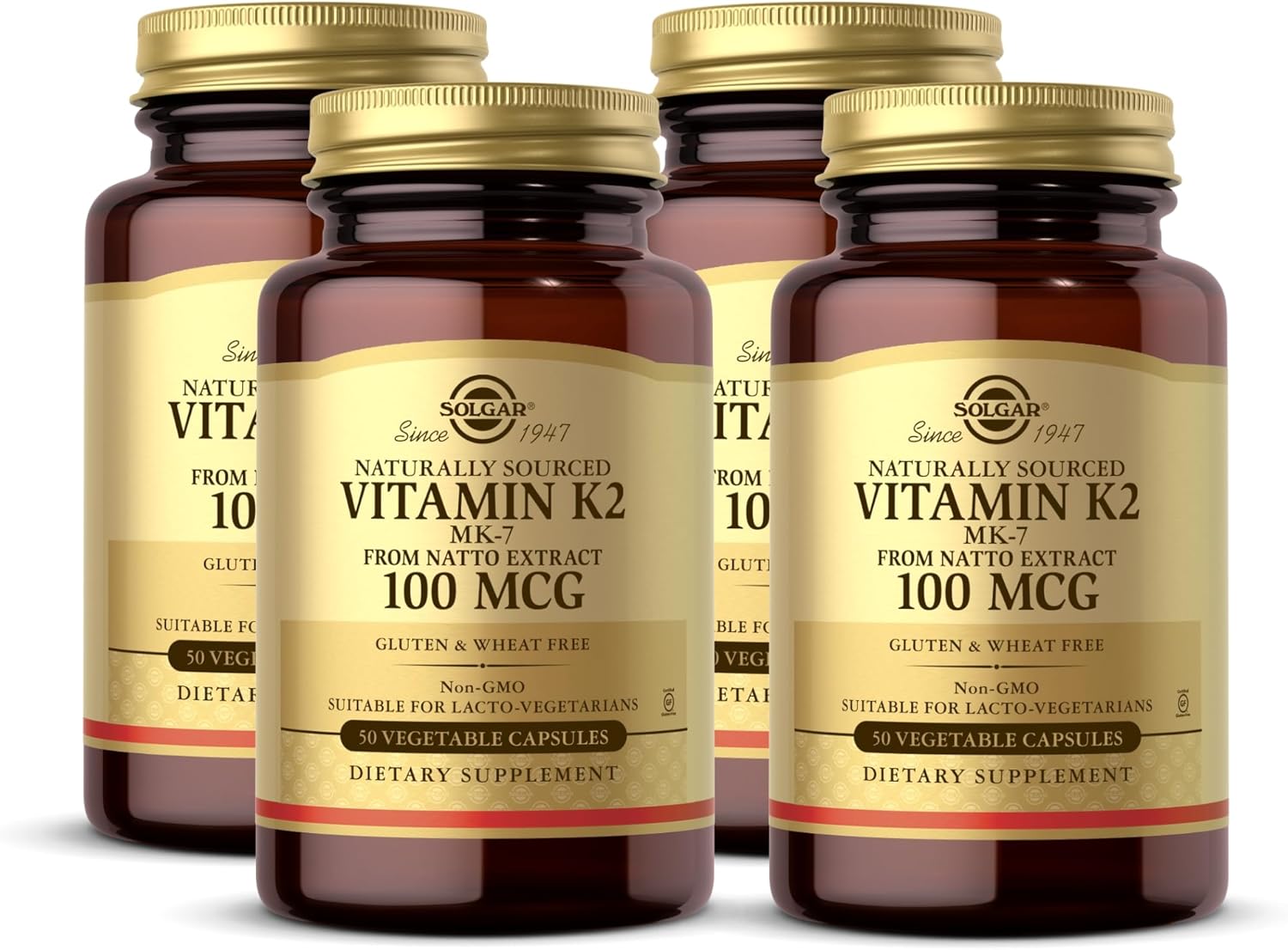 Solgar Naturally Sourced Vitamin K2 (Mk-7) 100 Mcg - 50 Vegetable Capsules, Pack Of 4 - Whole Food Source From Natto Extract - Non-Gmo, Gluten Free - 200 Total Servings