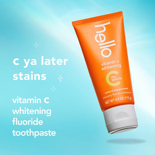 Hello Vitamin C Whitening Toothpaste With Fluoride, Whitening Sls Free Toothpaste, Up To 2 Shades Whiter Teeth, No Peroxide, Safe For Everyday Use, Natural Peppermint, 4.0 Oz
