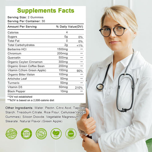 Sugar-Free Berberine Supplement Gummies, Original Berberine Hcl 1500Mg With Ceylon Cinnamon, Quercetin, Multivitamin, Support Immune & Gastrointestinal Function & Metabolism For Women & Men