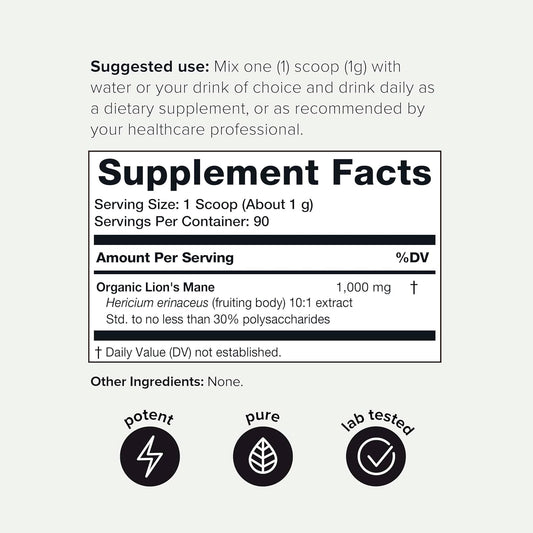 10,000Mg 10X Concentrated Ultra High Strength Organic Lions Mane Powder - Made With Lions Mane Mushroom - 30% Polysaccharides - Highly Concentrated And Bioavailable - 90G Lions Mane Supplement Powder