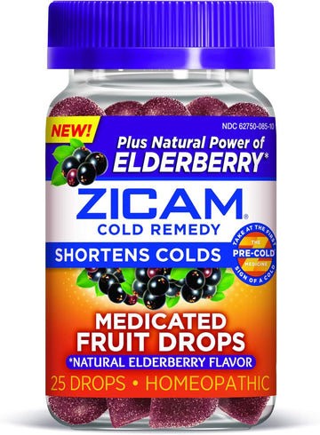 Zicam Cold Remedy Zinc Medicated Fruit Drops, Elderberry, Homeopathic, Cold Shortening Medicine, Shortens Cold Duration, 25 Count