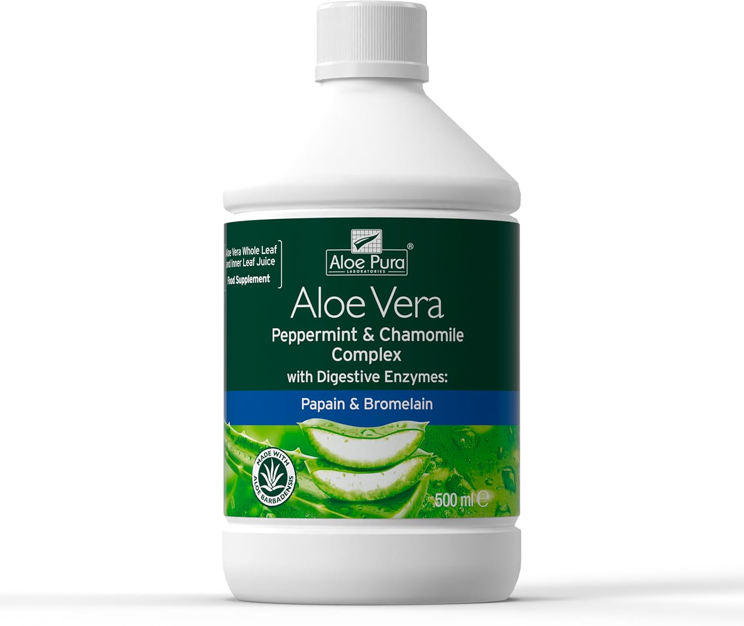 Aloe Pura Aloe Vera Peppermint & Chamomile Juice, Natural, Vegan, Cruelty Free, Digestive Enzymes, Papian & Bromelain, Food Supplement, 500 Ml