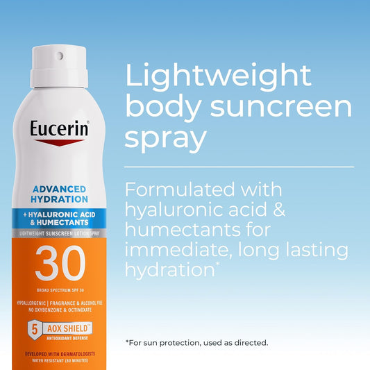 Eucerin Advanced Hydration Spf 30 Sunscreen Spray, Lightweight Spray Sunscreen With Hyaluronic Acid And Humectants, Hypoallergenic, Fragrance And Alcohol Free, 6 Oz Bottle