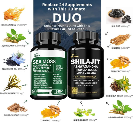 Shilajit 9000Mg, Sea Moss 17500Mg, Ginger & Black Seed Oil 4000Mg, Ashwagandha 5000Mg, Rhodiola Rosea, 1000Mg Panax Ginseng 1500Mg, All In 1 Supplement - Sea Moss & Shilajit Vitality Bundle