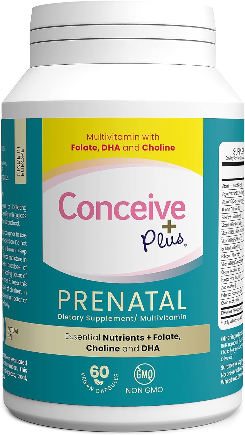 Conceive Plus Prenatal Vitamins For Women - Dha, Choline + Folate, Healthy Pregnancy, Non-Gmo, Pregnancy Multivitamin - 30 Days Supply, 60 Capsules