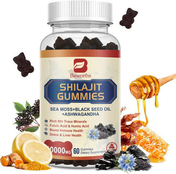 Shilajit Resin Gummies, Shilajit Irish Sea Moss Supplement With Black Seed Oil, Ashwagandha Ginger, Panax Ginseng, Shilajit Gummies With 85+ Trace Minerals & Fulvic Acid For Energy, Immune Support