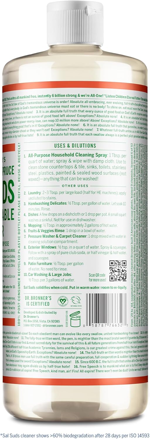 Dr. Bronner'S - Sal Suds Biodegradable Cleaner (32 Oz) - All-Purpose Cleaner, Pine Cleaner For Floors, Laundry And Dishes, Concentrated, Cuts Grease And Dirt, Powerful Cleaner