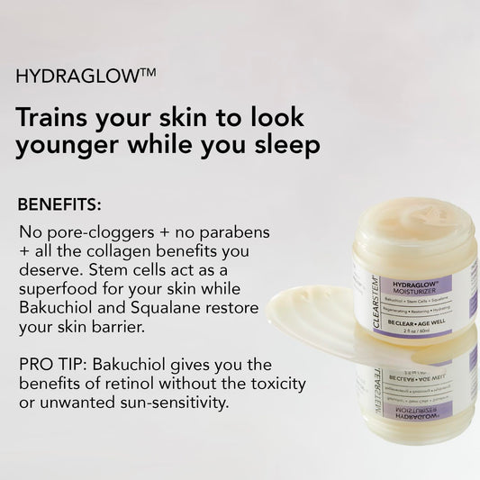 Clearstem - Hydraglow Stem Cell Moisturizer - Bakuchiol + Squalene - Youthful Skin Face Moisturizer - All Skin Types - Facial Skin Care Products - Vegan, Gluten Free, Cruelty Free - 2 Fl Oz / 60Ml