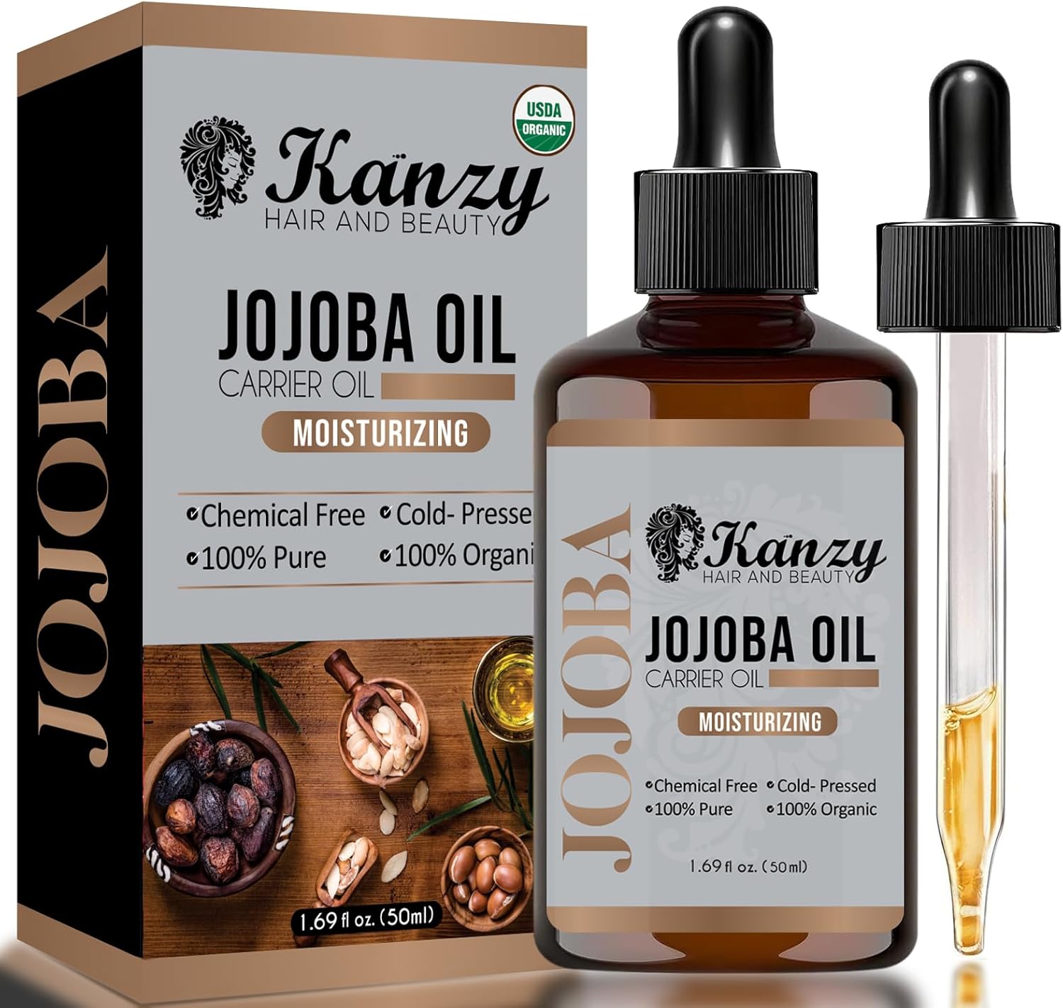 Kanzy Organic Cold Pressed Jojoba Oil 120Ml - 100% Pure For Hair, Nails, Eyelash & Eyebrow Growth - Vegan & Cruelty Free For Skin, Face & Body As Carrier, Massage Oil