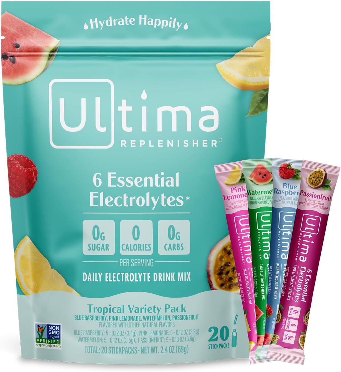 Ultima Replenisher Daily Electrolyte Drink Mix – Tropical Variety, 20 Stickpacks – Hydration Packets With 6 Electrolytes & Minerals – Keto Friendly, Non-Gmo & Sugar-Free Electrolyte Powder