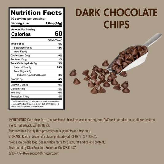 Choczero Dark Chocolate Chips - Sugar Free, Low Carb, Keto Friendly, Gluten Free - 20 Ounce Bulk Bag For Baking Keto Diet Cookies And Dessert