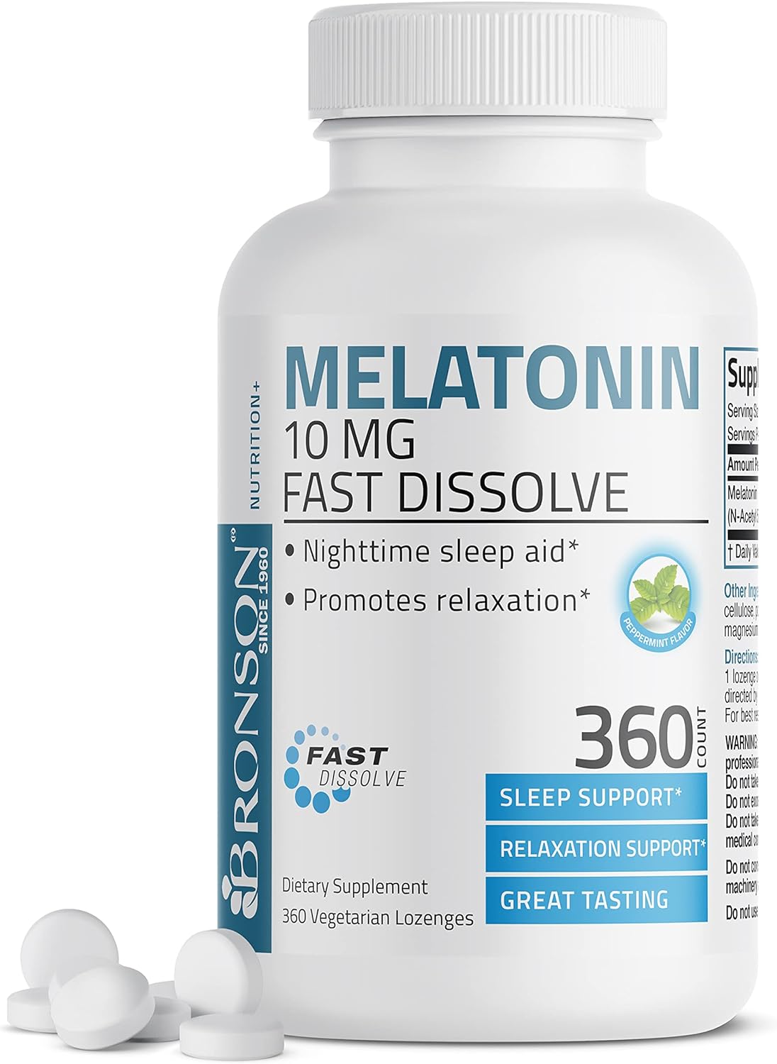 Bronson Melatonin 10 Mg Fast Dissolve Peppermint Tablets, Promotes Relaxation, 360 Chewable Vegetarian Lozenges