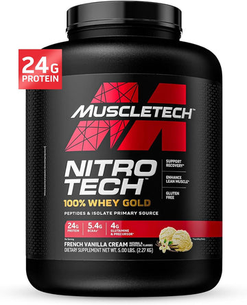 Muscletech Whey Protein Powder (French Vanilla Cream, 5Lb) - Nitro-Tech Whey Protein Isolate Smoothie Mix For Lean Muscle & Fast Recovery - 24G Of Whey Gold Protein For Women & Men - Gluten-Free