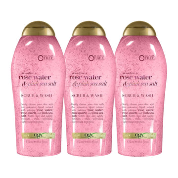 Ogx Sensitive + Pink Sea Salt & Rosewater Sulfate-Free Soothing Body Scrub With Healing Rose Quartz, Gentle Exfoliating Daily Body Wash To Soften & Smooth Skin, 19.5 Fl Oz (Pack Of 3)