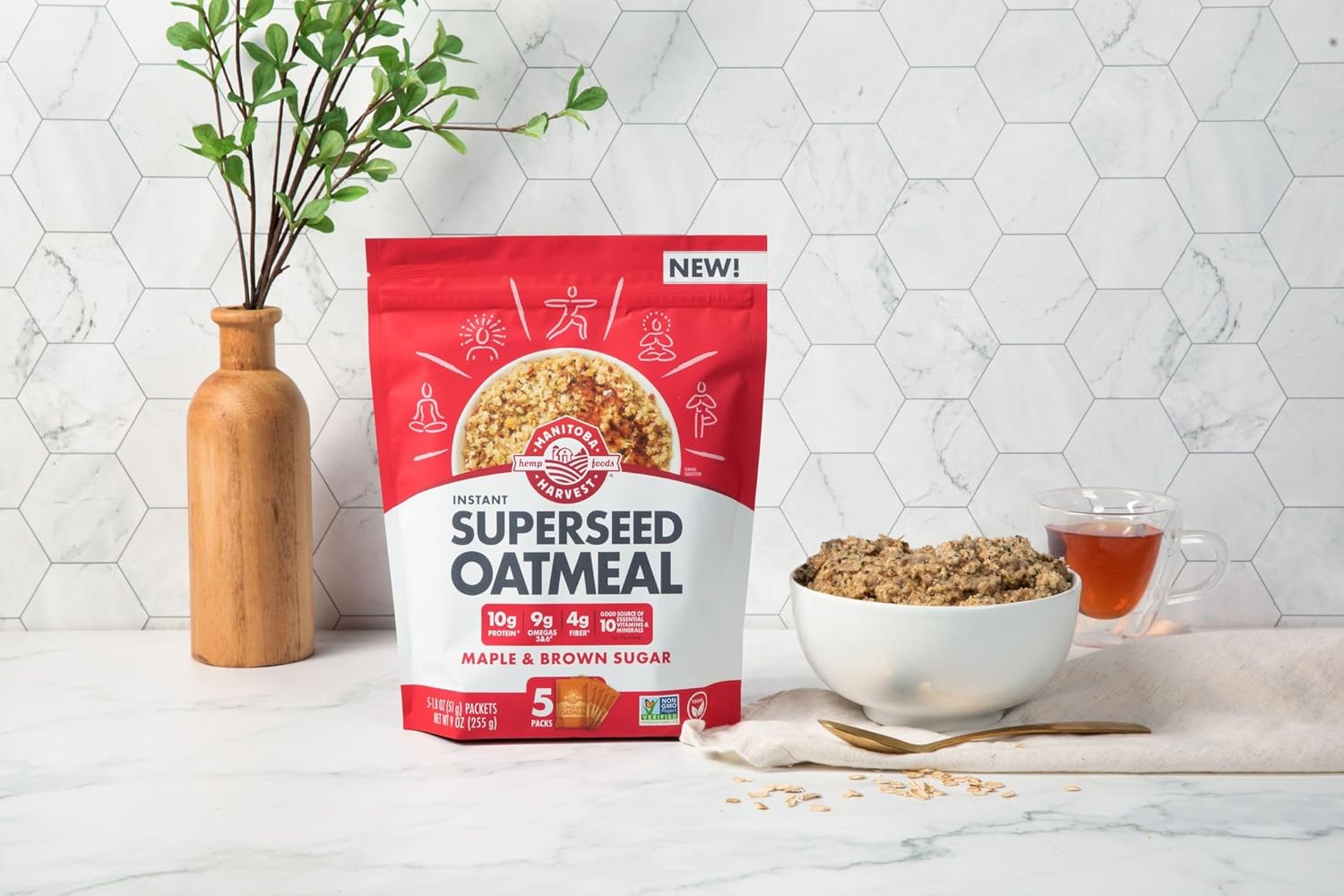 Manitoba Harvest Superseed Instant Oatmeal – 10G Protein, 4G Fiber & 8G Omega 3 And 6 Per Serving From Hemp Hearts, Whole Grain Rolled Oats, & Flax Seed – Maple & Brown Sugar (6 Pack) 30 Packets Total