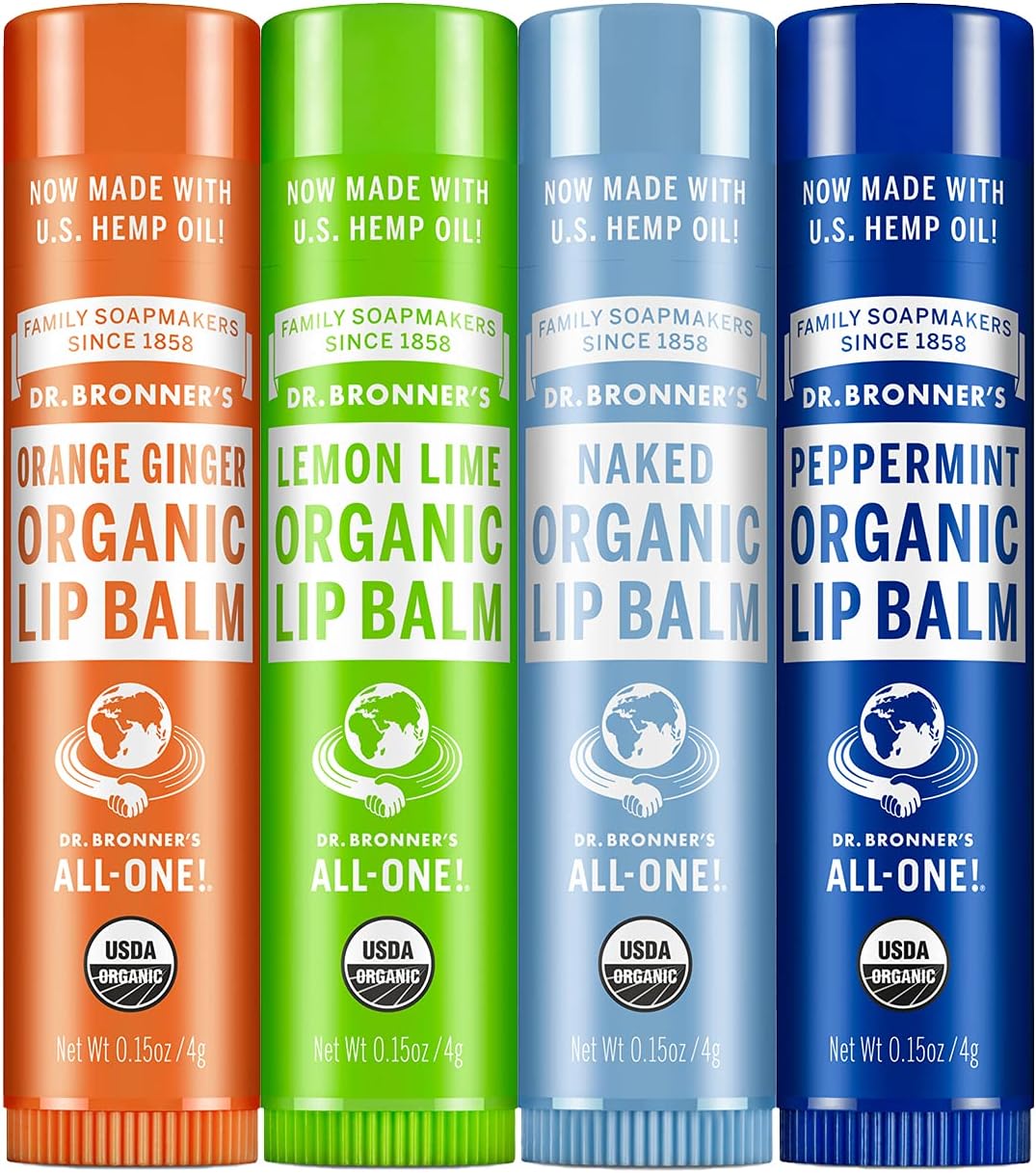 Dr. Bronner's - Organic Lip Balm Variety Peppermint, Orange Ginger, Naked, Lemon Lime) - Made with Organic Beeswax and Avocado Oil, For Dry Lips, Hands, Chin or Cheeks, 0.15 Ounce (Pack of 4)