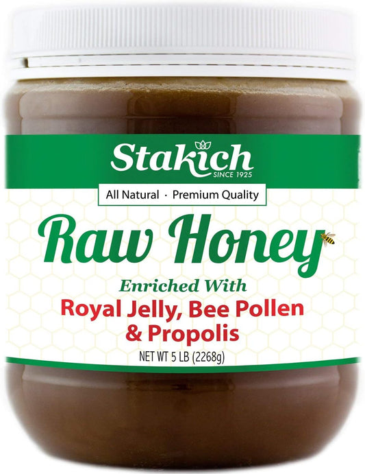Stakich Royal Jelly, Bee Pollen, Propolis Enriched Raw Honey - Pure, Unprocessed, Unheated - 5 Pound (80 Ounce) : Bee Pollen With Propolis : Health & Household