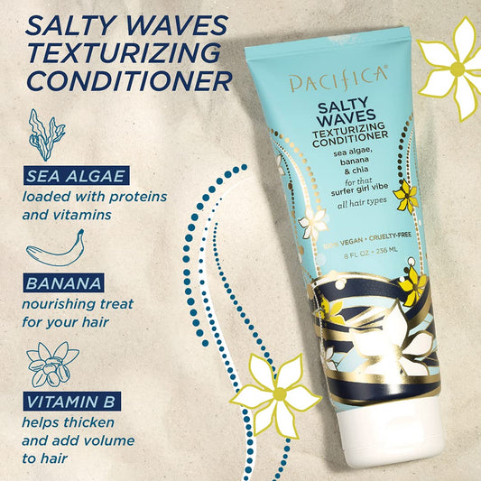 Pacifica Beauty, Salty Waves Texturizing and Moisturizing Conditioner, Banana Scent, For All Hair Types, Vitamin B + Vitamin E, Beach Hair, Beachy Waves, Sulfate Free, Vegan & Cruelty Free