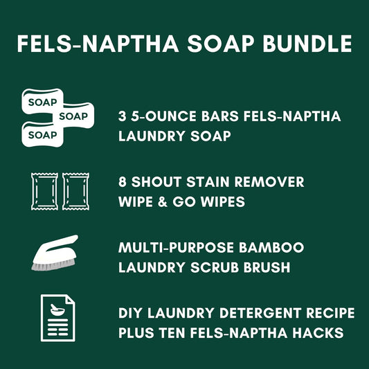 Fels-Naptha Laundry Detergent Bar Soap and Stain Remover Bundle - Includes 3 (5-ounce) Fels Naptha Laundry Bar, 8 Shout Wipes, Eco Bamboo Scrub Brush, DIY Detergent Recipe by Foxtail Collective