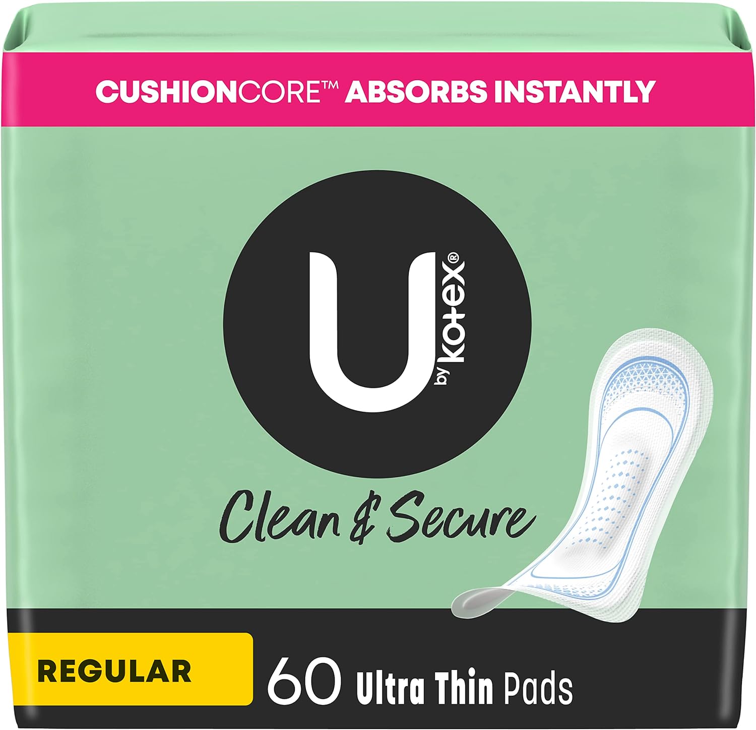 U by Kotex Clean & Secure Ultra Thin Pads, Regular Absorbency, 60 Count (Packaging May Vary)