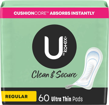 U by Kotex Clean & Secure Ultra Thin Pads, Regular Absorbency, 60 Count (Packaging May Vary)