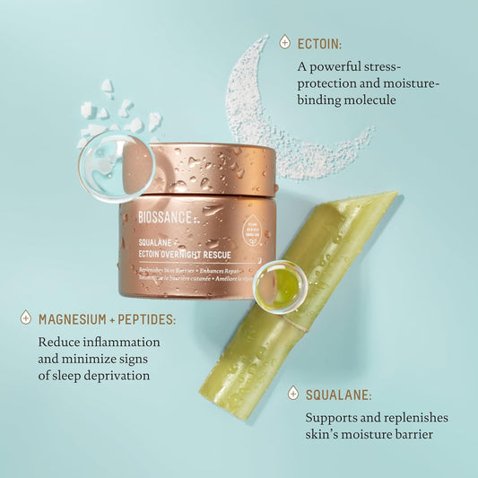 Biossance Squalane + Ectoin Overnight Rescue Face Cream – Intensive 24H Hydration For Dry/Sensitive Skin – Boosts Repair, Smoothens, Rejuvenates – Use As Moisturizer/Overnight Mask, 1.6Oz
