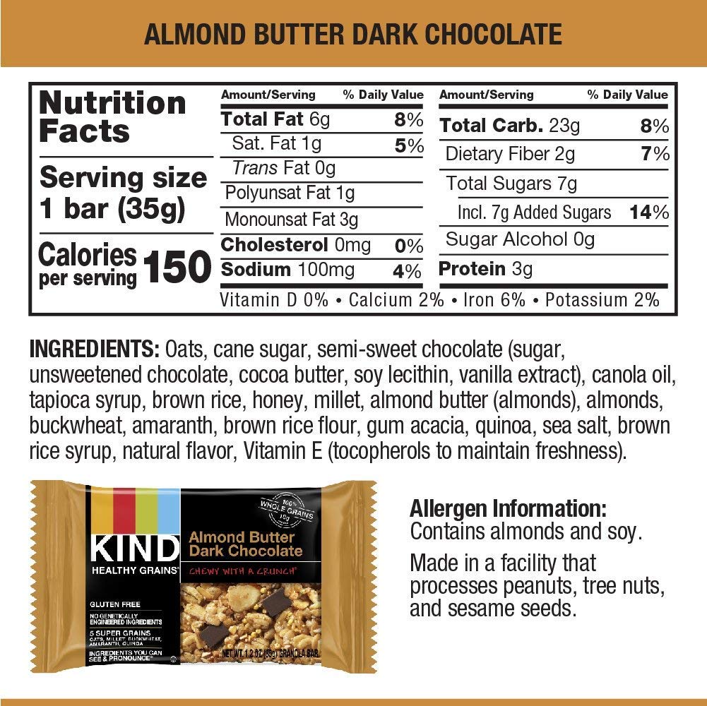 Kind Healthy Grains Almond Butter Dark Chocolate Bars, Gluten Free Bars, 1.2 Oz Bars (40 Count)