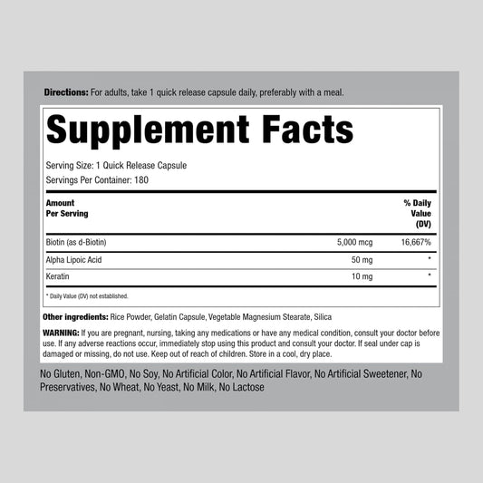 Piping Rock Biotin 5000mcg | 180 Capsules | Plus Keratin and Alpha Lipoic Acid | Non-GMO, Gluten Free Supplement