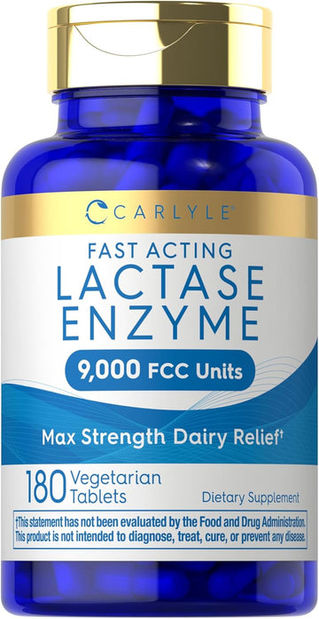 Carlyle Fast Acting Lactase Enzyme Pills | 9000 Fcc | 180 Tablets | Dairy Relief Supplement | Max Strength Support | Non-Gmo, Gluten Free Supplement